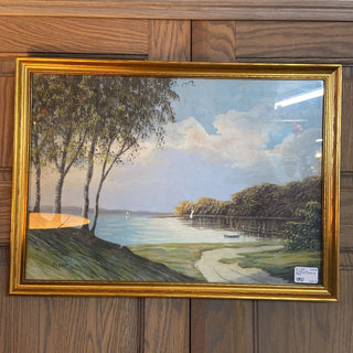 Framed Lake painting signed by Piper