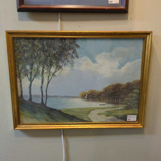 Framed Lake painting signed by Piper