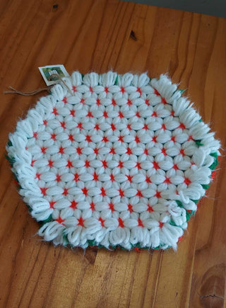 Crochet Loom Red, green and white, Octagon Trivet Potholder