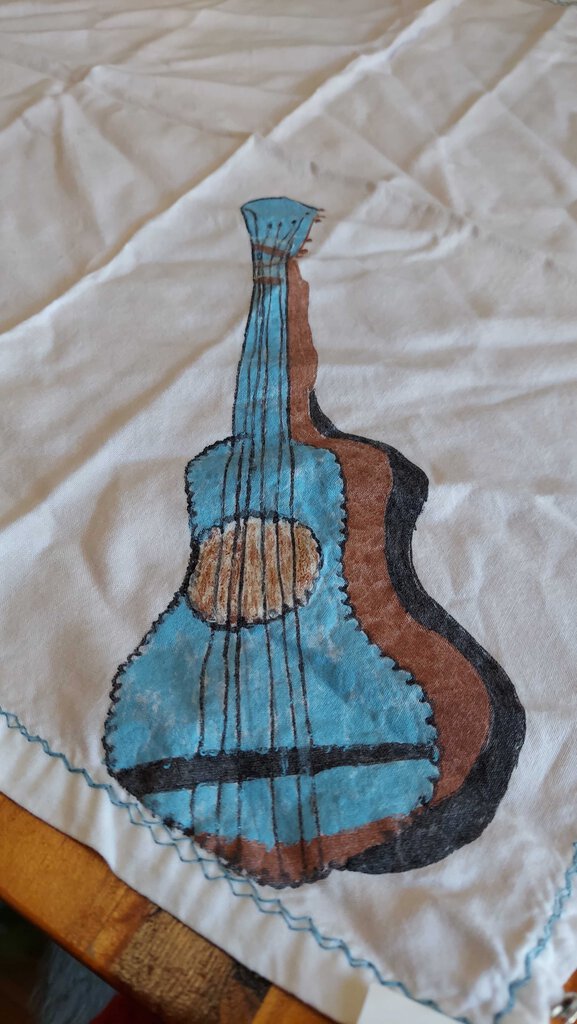 VTG home made and painted guitar linen hand towel 20 x 17.5