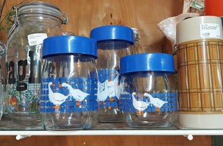 (3) Blue Geese Glass Canister Set by Carlton USA Kitchen, 1982