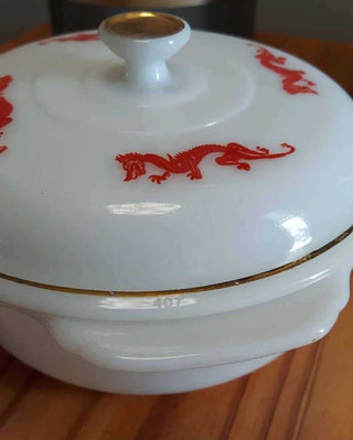Rare Mid century Red Dragons 1950s Fire King Casserole Dish FIRM