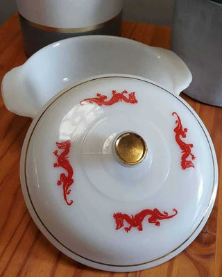 Rare Mid century Red Dragons 1950s Fire King Casserole Dish FIRM