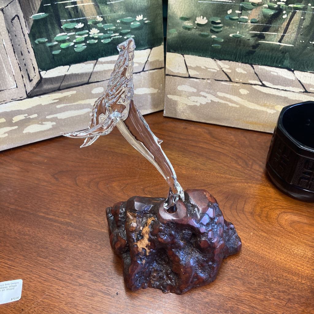 Ocean's Glass Whale Sculpture on Wood