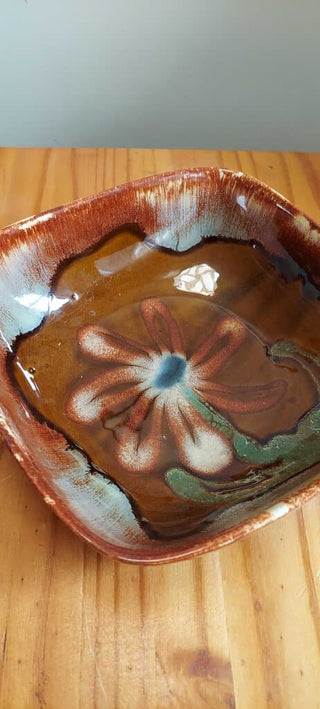 Mid-century Dryden Arkansas Ovenware Serving Bowl, glaze with flower center