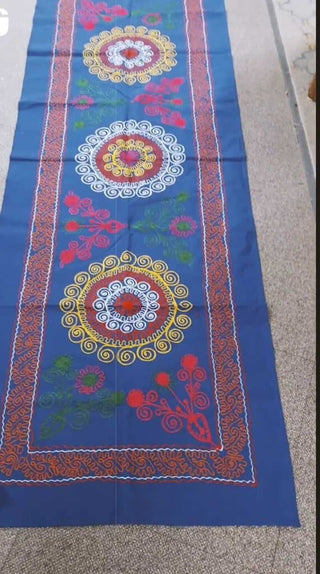 Vintage Uzbek suzani tablecloth runner, hand embroidered tapestry wall hanging, textile.