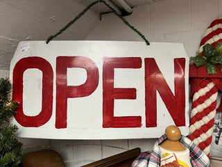 Open, hand painted tin sign