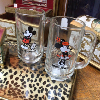 2Vintage Mickey & Minnie Milk Glass Mugs PAIR ONLY