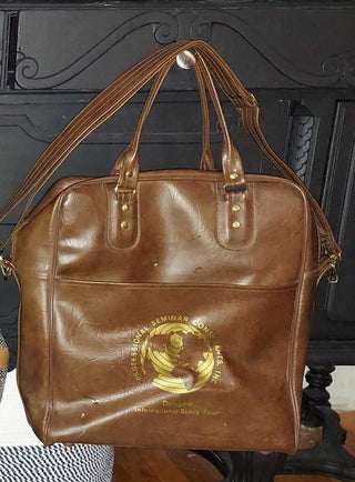Vintage Brown with Gold writing, "international study tour" carry on tote bag