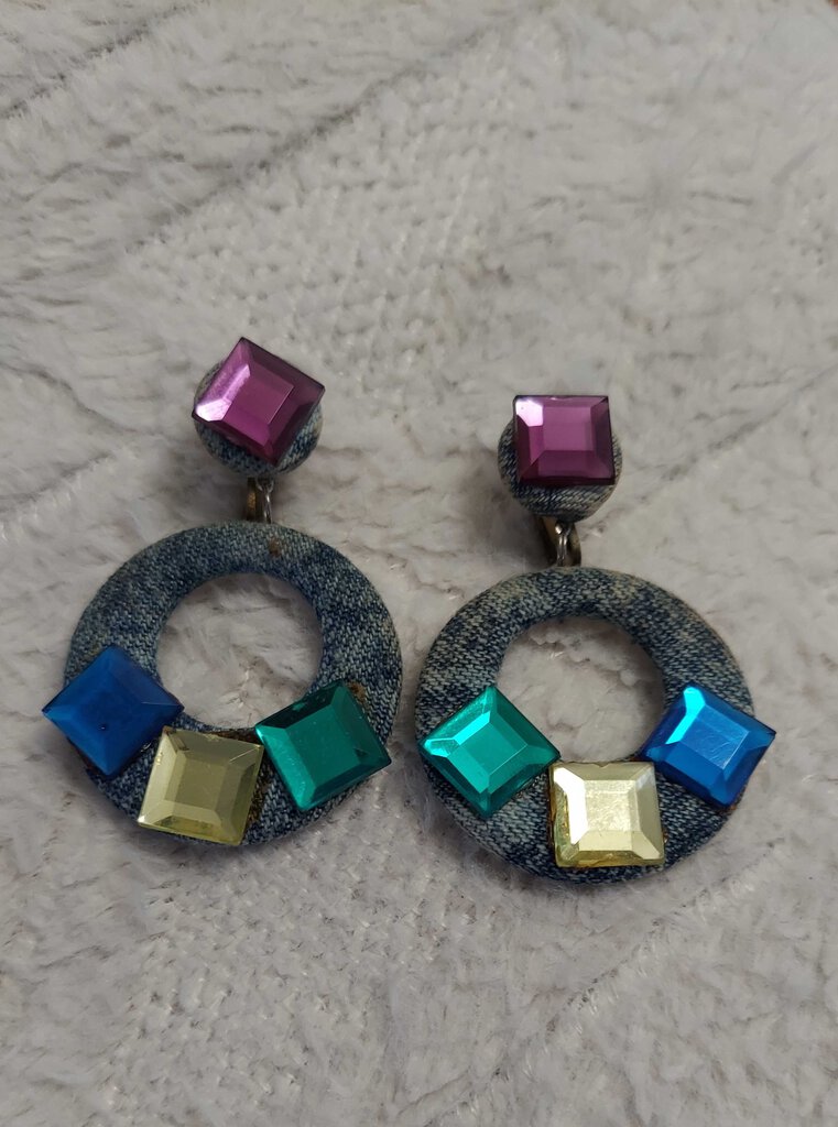 Vintage 1980s Denim and Rhinestone Jeweled Earrings. Clip on.