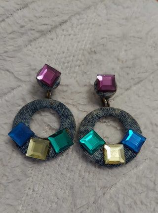 1980s Denim Chunky Jeweled Stud Earrings - FIRM
