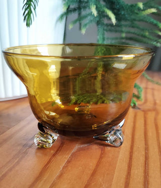 Mid Century Hand Blown Amber Glass Footed Bowl