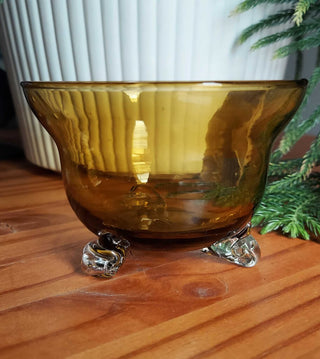 Mid Century Hand Blown Amber Glass Footed Bowl