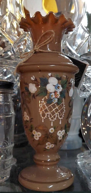 Victorian Bristol Hand Blown Glass Vase opaque creamy brown color Hand Painted Floral