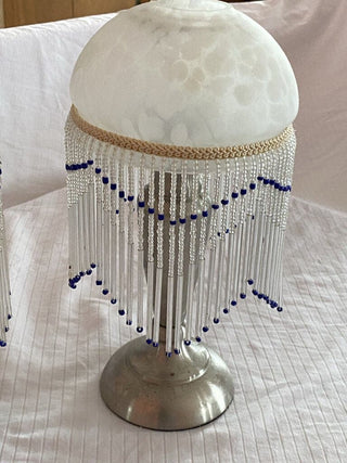 CANDLE HOLDER Silver holder with glass shade & blue beaded Fringe