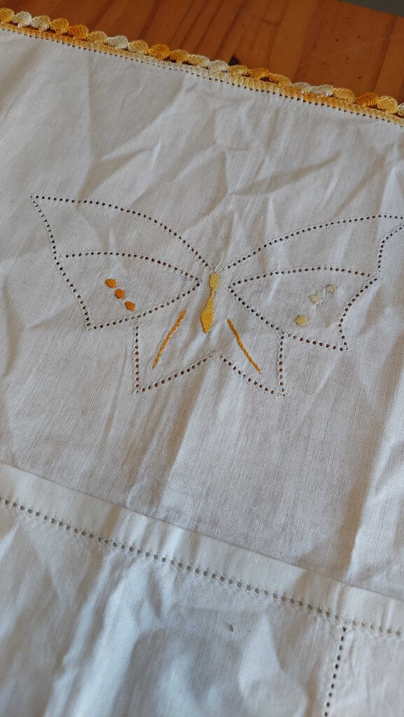 Crochet Embroidered Trim and butterfly Linen Comb & Brush Holder, vanity pocket organizer