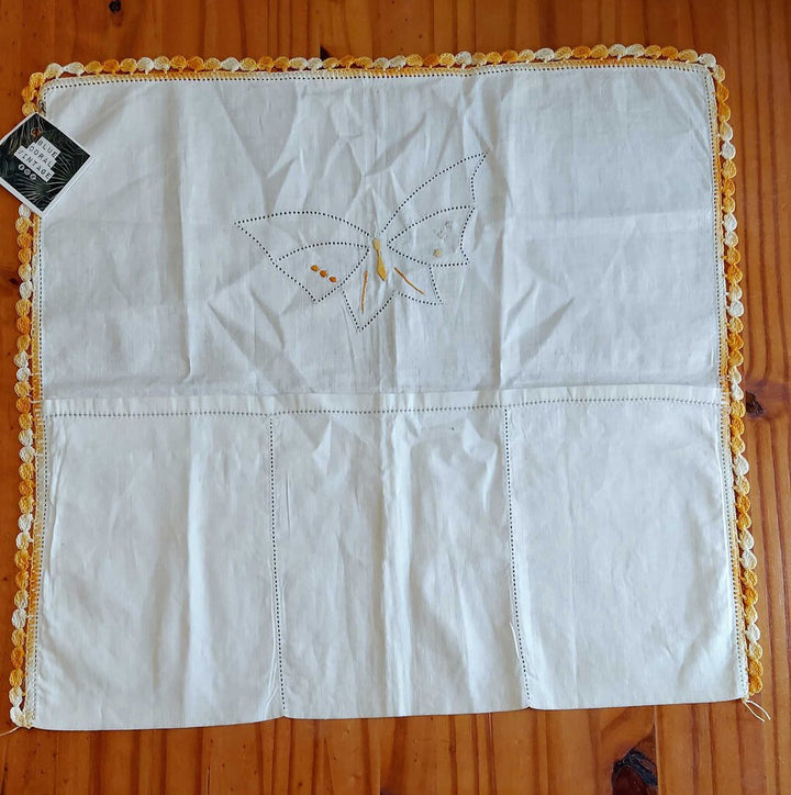 Crochet Embroidered Trim and butterfly Linen Comb & Brush Holder, vanity pocket organizer