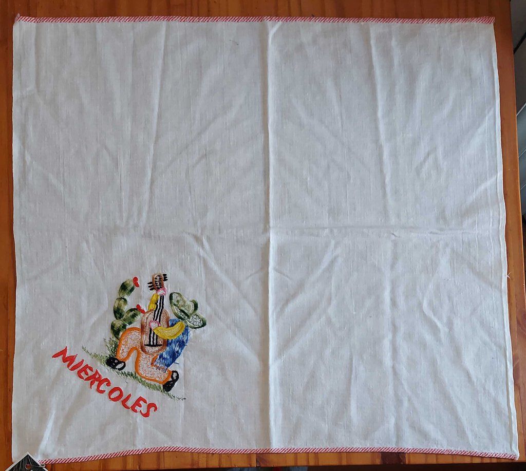 VTG Miercoles (Wednesday) Spanish detail kitchen hand towel, embroidered design 20 x 22