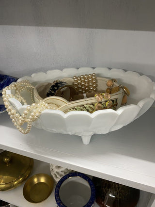 WHITE FLORAL FOOTED SERVING DISH