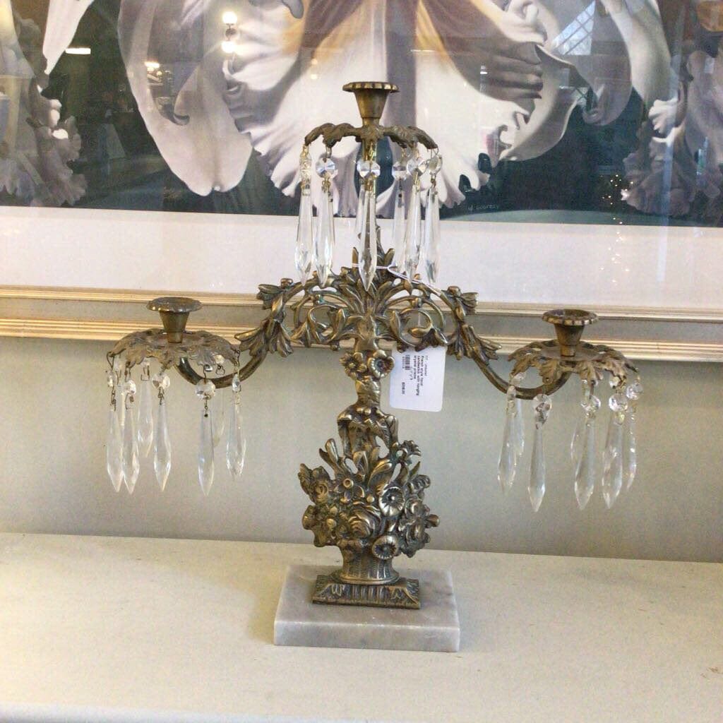French style floral candlestick with hanging crystal prisms