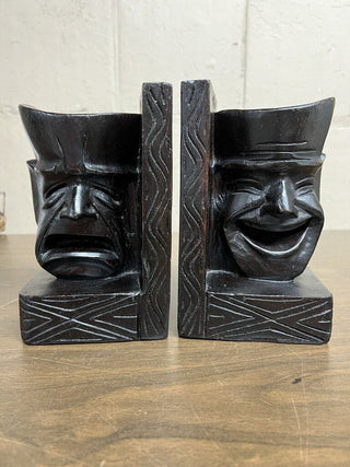 Comedy and tragedy carved ebonized wood bookends-vintage
