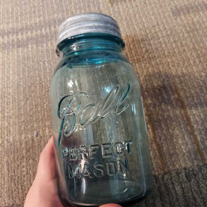 1923-33 Ball Perfect Mason Blue Jar, Porcelain Lined Lid