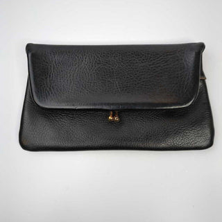 SS VTG Black Leather Clutch Foldover Bag Metal Clasp & Center Zipper
