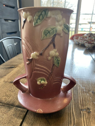 Roseville IVI-8 Snowberry Pink Handled Vase