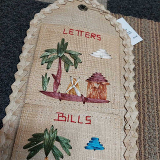 Retro tiki Hawaii Kitschy Raffia Straw Wall organizer; Letter Bills, Misc.