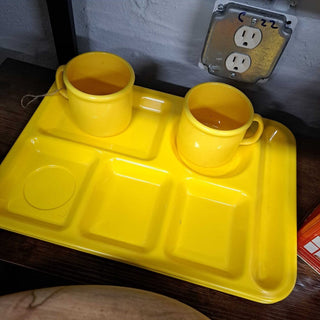 2 Yellow Picnic trays with cups -- Texas Ware