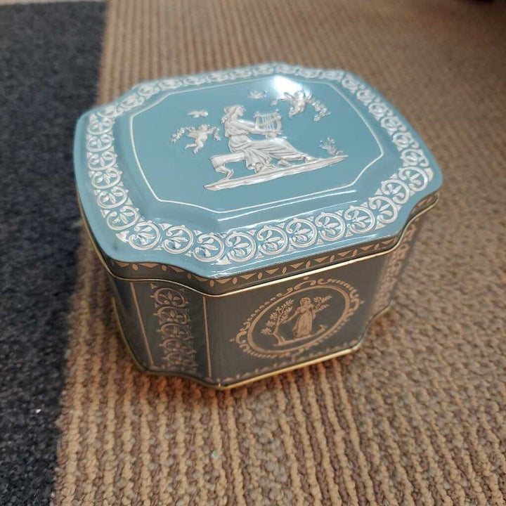 George W Horner English Candy Tin in Wedgwood Blue with Three Graces floral and angels Embossed Motif