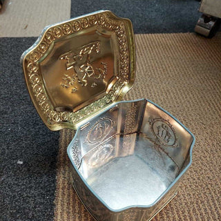 George W Horner English Candy Tin in Wedgwood Blue with Three Graces floral and angels Embossed Motif