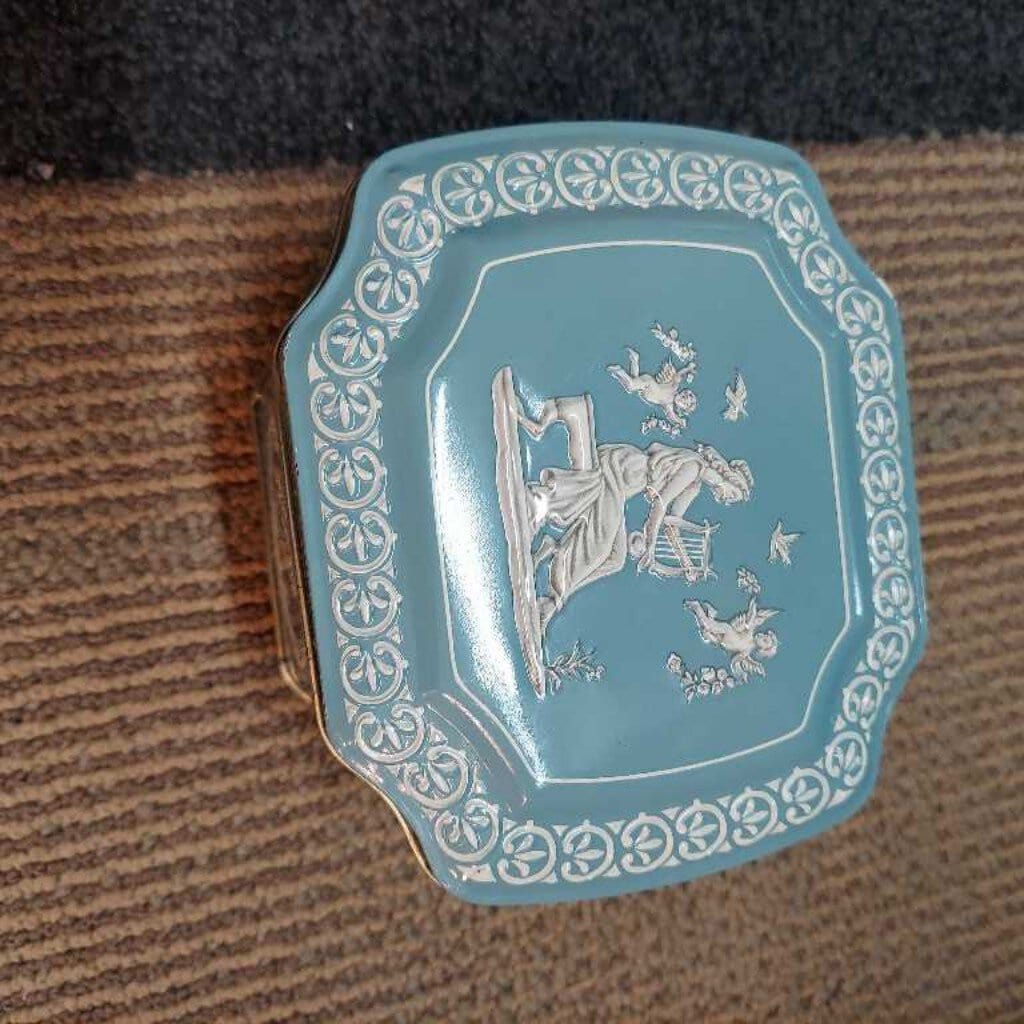 George W Horner English Candy Tin in Wedgwood Blue with Three Graces floral and angels Embossed Motif
