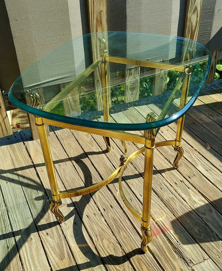 Hollywood Regency LaBarge Brass and Glass Rectangle Oval Table, Tulip ornate