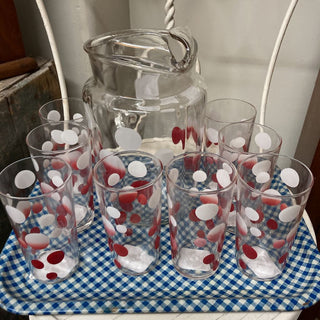 Vintage red/white polka-dot pitcher and 8 glasses (sold as set)