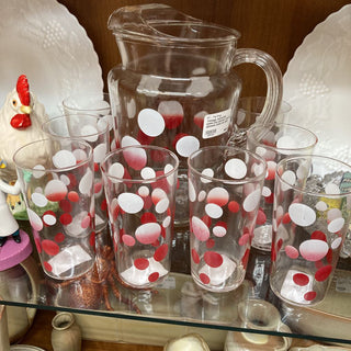 Vintage red/white polka-dot pitcher and 8 glasses (sold as set)