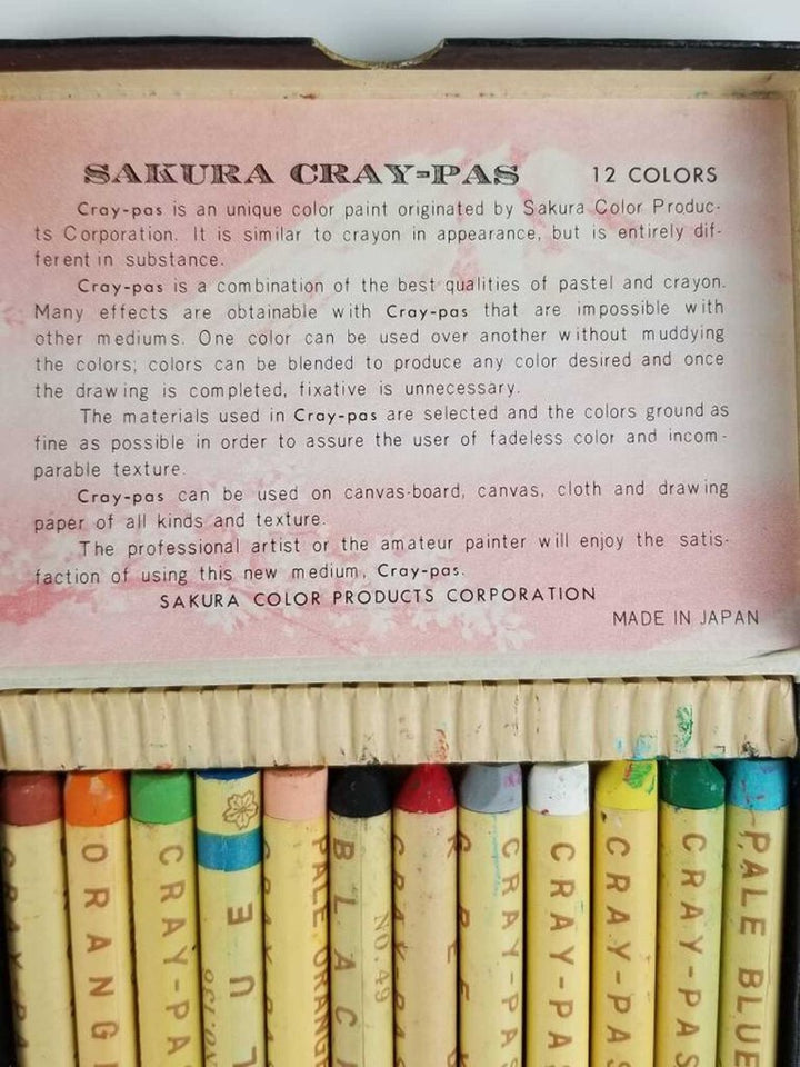 Vintage Pastels Japan Set of 12 Sakura Cray Pas Sanford Ink Co Paint Crayon Drawing Red Orange Blue Green Box Set Complete