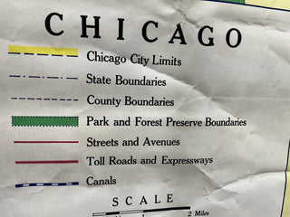Chicago metro wall map w/rod, vintage