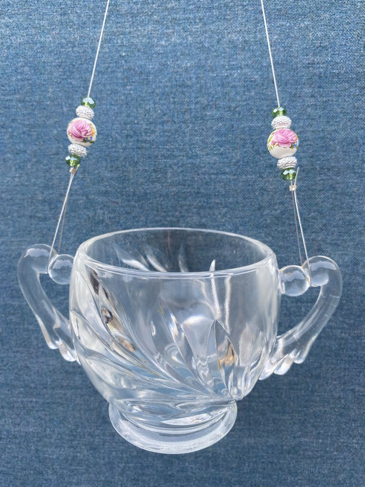 Upcycled Vintage Hanging Beaded Sugar Bowl Votive-RB9 (total hanging length 16")