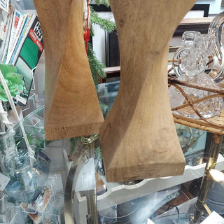 (2) Pair of twisting wood pedestal candle holders 10" & 12"