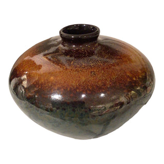 Squatty Ceramic Vase, Brown/Blue