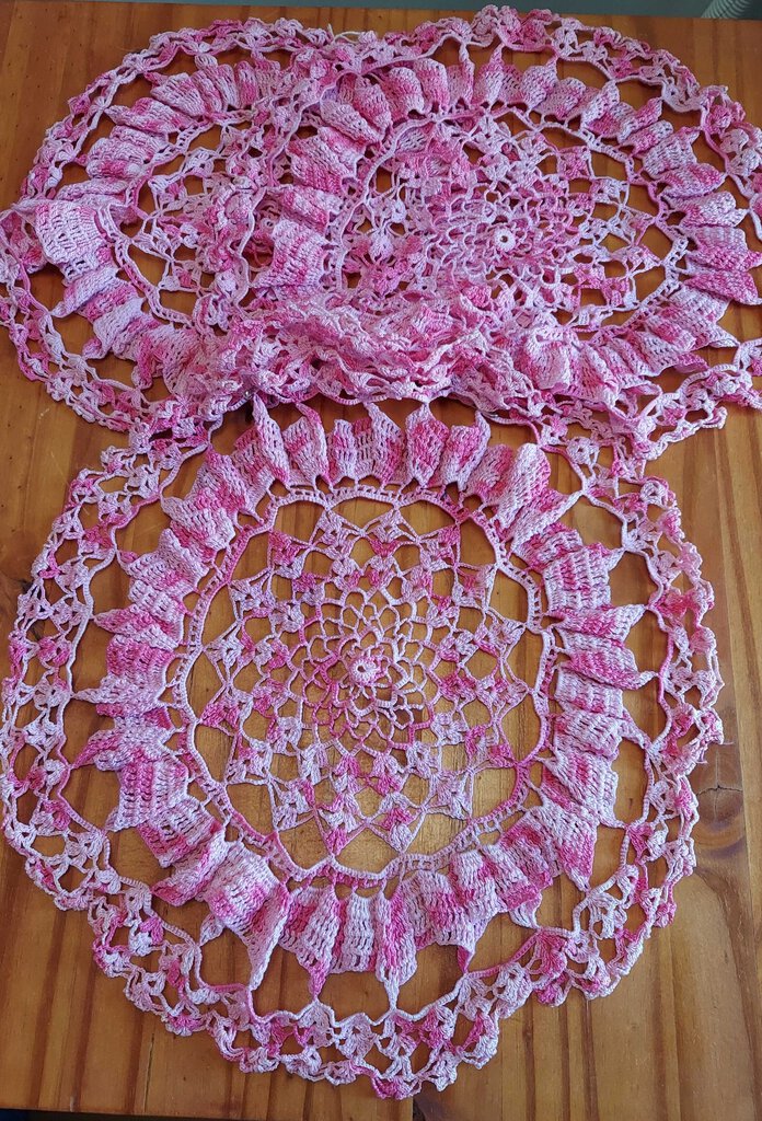 14" - Crocheted two tone pink doily set of 3, with crochet ruffle lacing detail