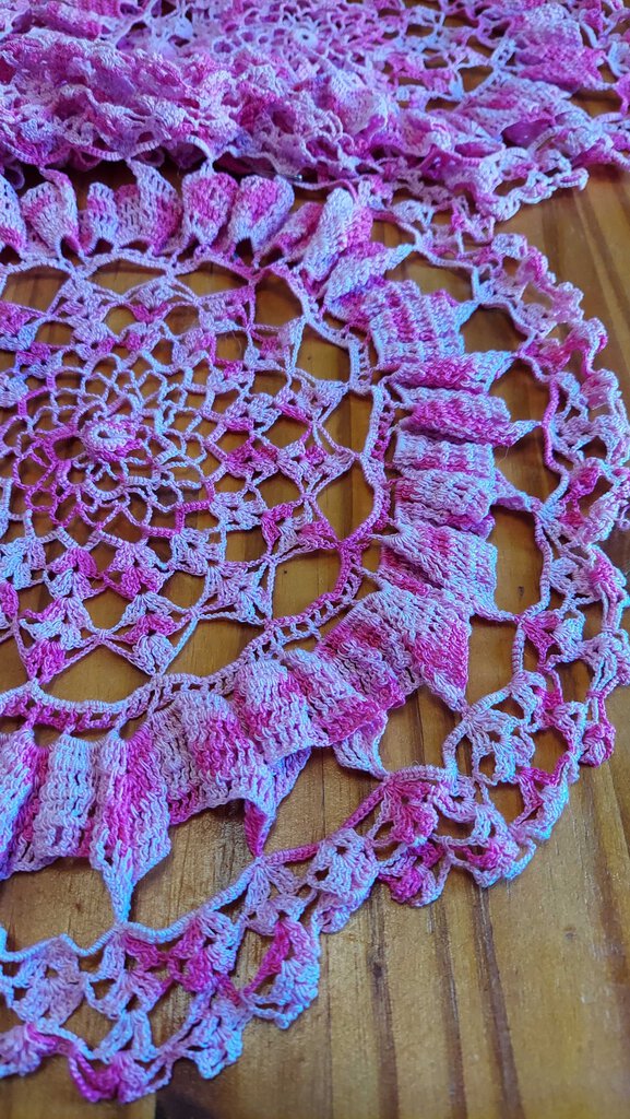14" - Crocheted two tone pink doily set of 3, with crochet ruffle lacing detail