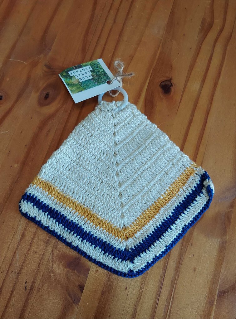 Crochet pot holder with hanger, blue, yellow, white