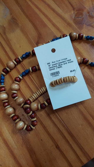 13" wood beaded rope necklace. Blue and wood tones. (T&M)