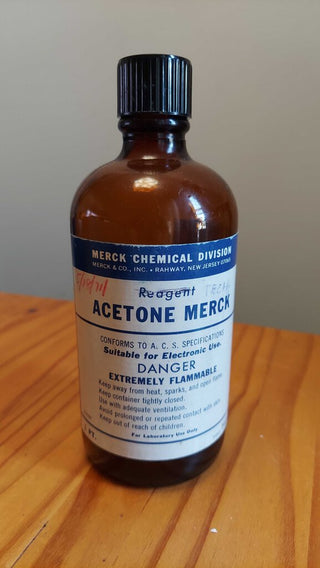 Large 2L Acetone Merck, Merck chemical division apothecary bottle by Ohio Illinois glass co