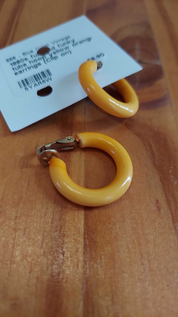 1980s fun and funky tube hoop yellow orange earrings (Clip on)