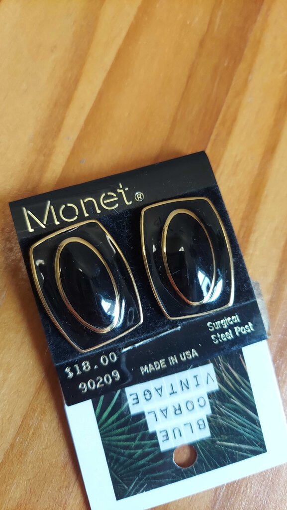 NOS 1980's Monet Large Rectangular Gold Tone & Black Enamel Earrings