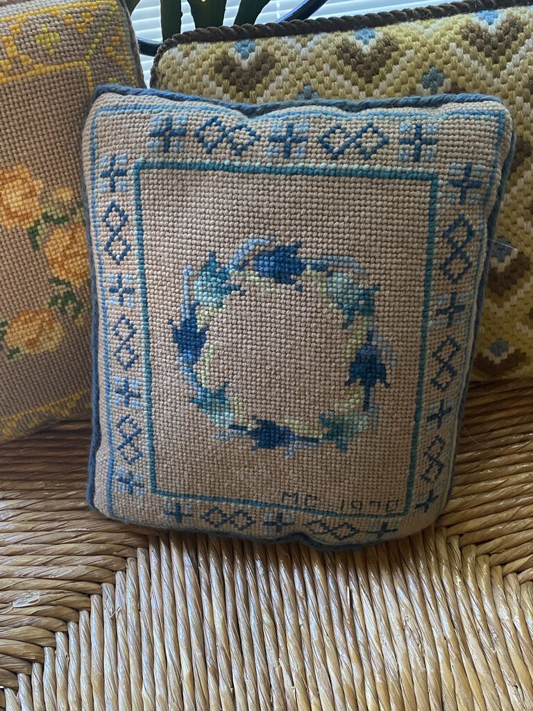 Hand embroidered blue floral wreath throw pillow (10.5"Lx9"W)