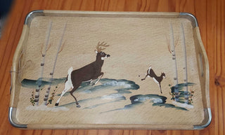 hand painted deer motif on maple serving tray.by standard specialty co. made in japan